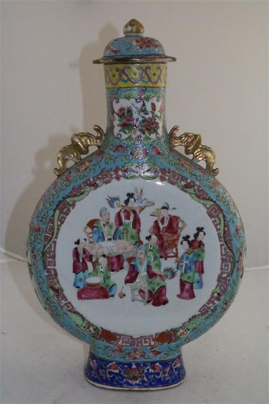 A large Chinese Canton-decorated famille rose moon flask and cover, 19th century, 44cm, restoration